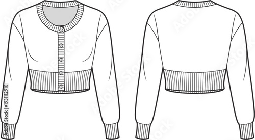 Women cropped knit cardigan front and back view outline template, blank apparel mockup cad drawing flat vector illustration