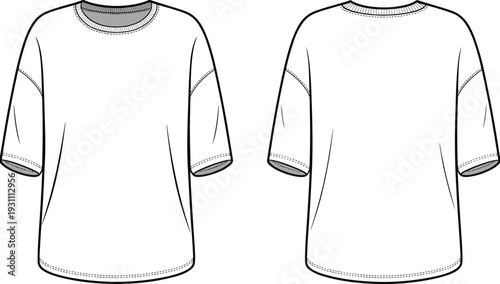 Women drop shoulder oversized t shirt front and back outline template isolated on white background, apparel cad drawing flat vector illustration