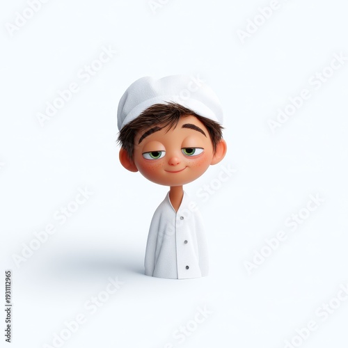 Cute animated young boy chef with medium skin and brown hair, wearing a white chef's hat and uniform