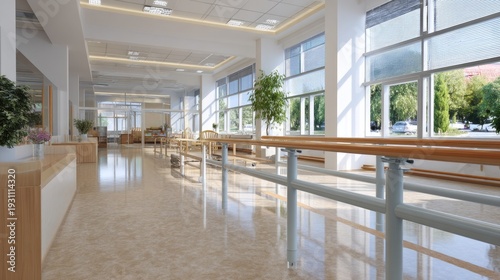 Bright and Spacious Interior of Modern Rehabilitation Therapy Center with Large Windows and Accessible Design