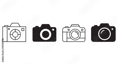 Black and White Camera Icon Set, 4 Minimal Styles - Geometric, Solid Silhouette, Thin Outline, Rounded Design