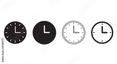 Black and White Clock Icon Set, 4 Minimal Styles - Flat Face, Solid Silhouette, Thin Outline, Rounded Design