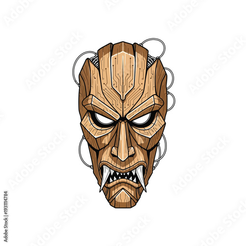 Techno-Tribal Wooden Mask with Circuit Board Details, Glowing Eyes, and Fangs. Ancient Guardian Cybernetic Art Illustration.