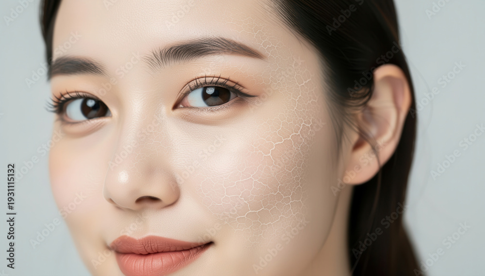 Naklejka premium Captivating Portrait of a Young Woman: An up-close, radiant image of a young woman with flawless skin, her eyes captivating with a serene and alluring gaze.