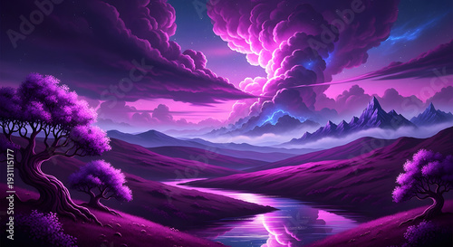 A serene landscape with a winding river, trees, and mountains under a vibrant purple sky with stormy clouds