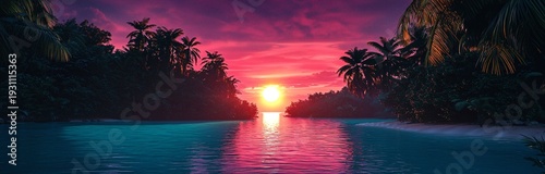 Panel kuchenny z motywem Vibrant Sunset over Tropical Island with Lush Palm Trees and Water