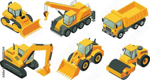 Isometric heavy construction equipment vector set with excavator, crane truck, bulldozer, loader, dump truck and road roller