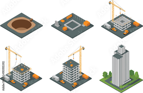 Isometric high rise building construction stages vector illustration with foundation excavation, tower crane and completed skyscraper development process