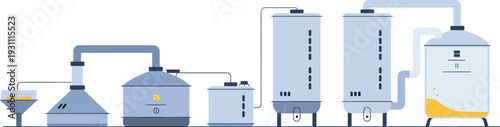 Isometric industrial brewing equipment set with fermentation tanks, distillation columns, storage vessels, and beverage production system illustration