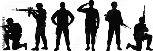 Army soldiers silhouettes collection, military personnel in combat and salute poses isolated on white background, armed forces vector illustration for defense theme