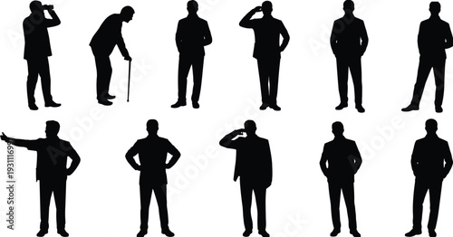 Business men silhouettes collection, male professionals in formal suits standing and greeting poses isolated on white background, corporate vector illustration set