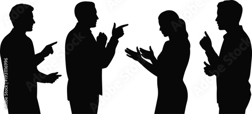 Business people arguing silhouettes heated discussion conflict conversation black vector illustration isolated on white background