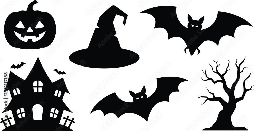 Obraz premium Halloween silhouettes set pumpkin witch hat bat haunted house spooky tree vector illustration isolated on white background