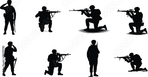 Collection of military soldier silhouettes in combat positions, kneeling and standing with rifles, tactical army vector illustration isolated on white background