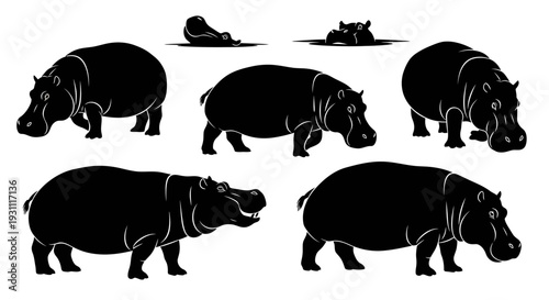 Collection of hippopotamus silhouettes in various poses on a clean white background, Whisk_e562a4534f5a476bbd14a2c5e752ba24dr.eps