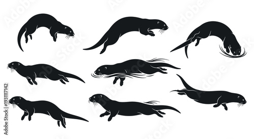 Otter silhouettes in various dynamic poses and movements, showcasing fluid actions and diverse viewpoints in a minimalist illustration style