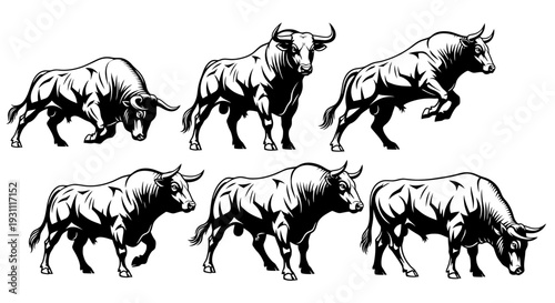 Dynamic Illustrations of Bulls in Various Action Poses from Different Angles