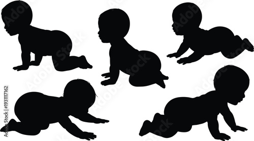 Baby crawling silhouettes set infant child different poses vector illustration isolated on white background