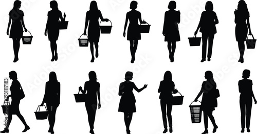 Female shopping silhouettes vector illustration collection, women carrying grocery baskets and handbags, retail customer lifestyle isolated on white background