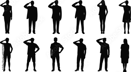 Military officers and soldiers silhouettes saluting in uniform, men and women armed forces personnel standing pose vector illustration isolated on white background