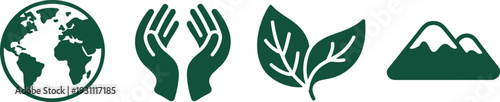 Green environment icons set globe hands leaf mountain eco nature vector illustration isolated on white background