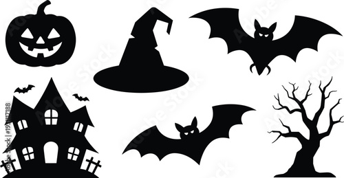 Halloween silhouettes set pumpkin witch hat bat haunted house spooky tree vector illustration isolated on white background