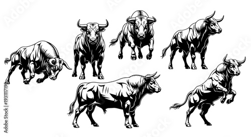Collection of bulls in various dynamic poses, showcasing strength and movement in a simple, illustrated style, viewed from multiple angles around them.