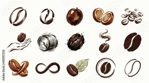 A collection of artistic illustrations depicting coffee beans in various forms and artistic styles, including whole beans, roasted beans, and stylized representations.