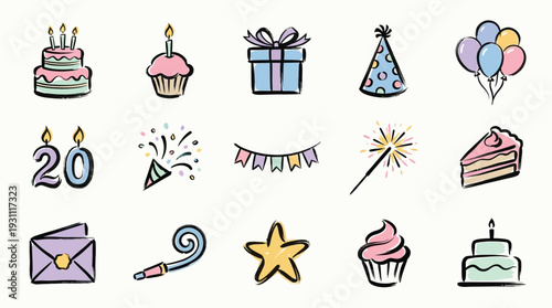 A collection of hand-drawn birthday celebration icons including cakes, cupcakes, balloons, gifts, and party hats.