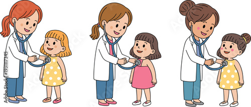 Pediatric doctor examining child with stethoscope cartoon medical checkup vector illustration isolated on white background