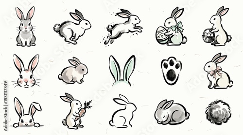 A collection of charming watercolor and sketch illustrations featuring various rabbits and rabbit-related elements, including full bodies, faces, ears, and a paw print.