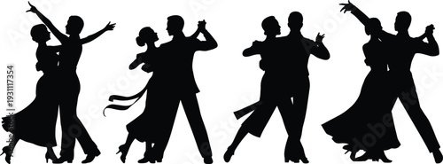 Ballroom dance couple silhouettes set elegant tango waltz dancers vector illustration isolated on white background
