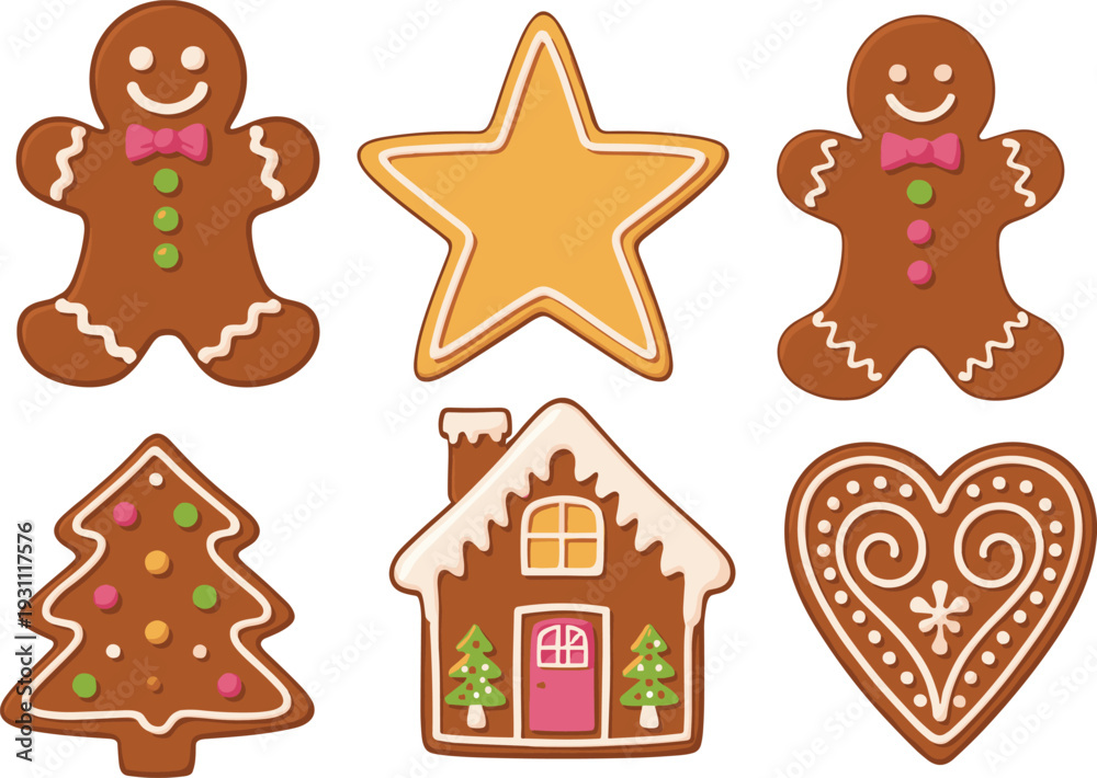 Naklejka premium Christmas gingerbread cookies set festive holiday shapes sweet dessert vector illustration isolated on white background