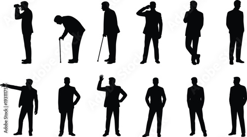 Businessman silhouettes set standing senior walking with cane gestures vector illustration isolated on white background
