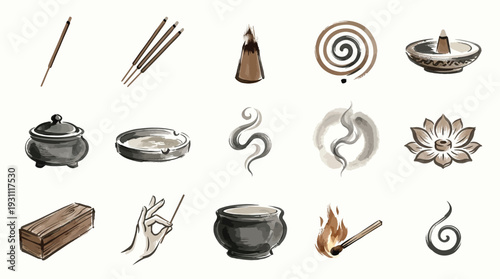 A collection of watercolor illustrations depicting various items and symbols associated with incense and aromatherapy practices.