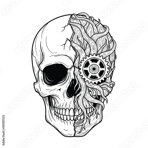 Intricate Organic Mechanical Skull with Roots and Gear Line Art