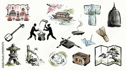 A vibrant watercolor illustration showcasing a collection of traditional Japanese cultural elements and artifacts.