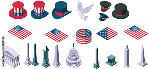 USA patriotic symbols set American flag monuments and hats vector illustration isolated on white background