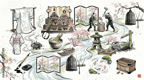 A vibrant watercolor illustration depicting a flowing river surrounded by traditional Japanese cultural elements, including cherry blossoms, kimonos, tea ceremony items, and festival dolls.