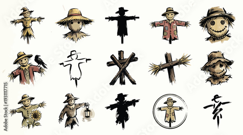 A collection of diverse scarecrow illustrations, showcasing various artistic styles and designs, including traditional, cartoonish, and silhouette forms.
