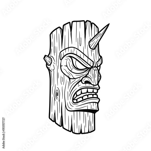 Angry Horned Tiki Mask Carving Vector Art - Polynesian Tribal Warrior Sculpture Line Illustration