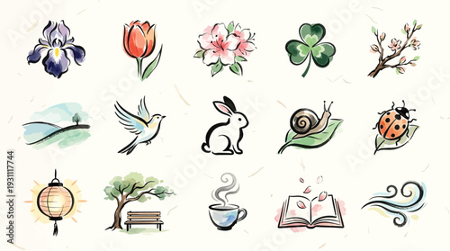 A charming collection of watercolor illustrations depicting various elements of nature, seasons, and peaceful moments, including flowers, animals, and scenic views.