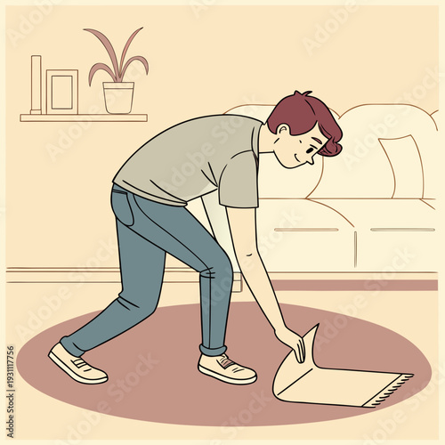 Man straightening carpet edges in a living room