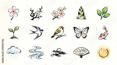 A collection of traditional Japanese watercolor illustrations depicting elements of nature and culture, including flowers, birds, animals, landscapes, and seasonal symbols.
