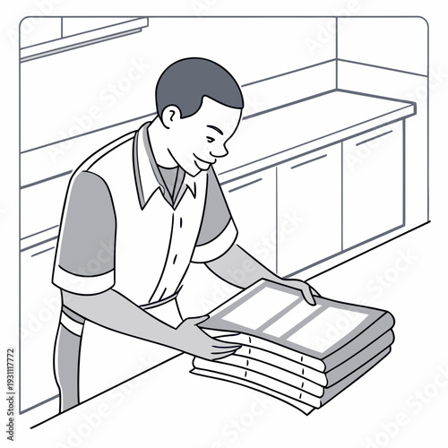 Man folding kitchen towels neatly