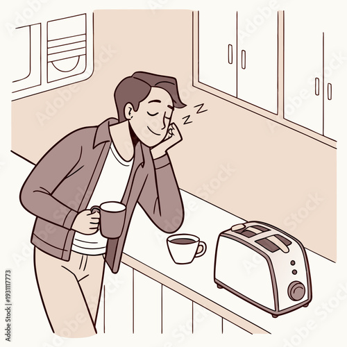 Sleepy man with coffee waits for toast