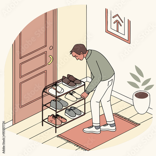 Man organizing shoes on a rack near the entrance