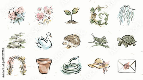 A collection of delicate watercolor illustrations featuring natural elements like flowers, plants, animals, and garden items.