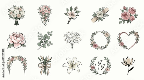 A collection of delicate watercolor floral illustrations, featuring bouquets, boutonnieres, wreaths, and single blooms, perfect for wedding stationery and romantic designs.