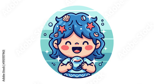 Cartoon Mermaid Girl Holding Shell Portrait.